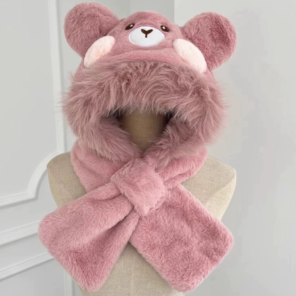 🛍️ 4 for $20 🛍️ Cute Pink Bear Hooded Hat with Scarf